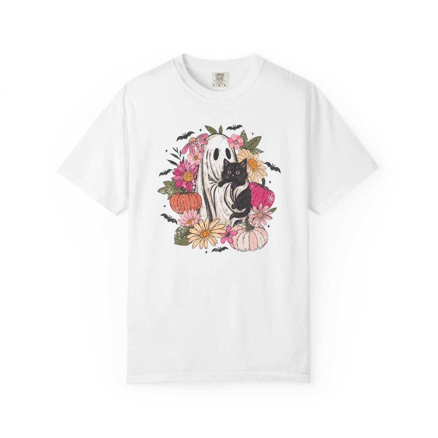 Floral Ghost Hugging Black Cat Comfort Colors Tee