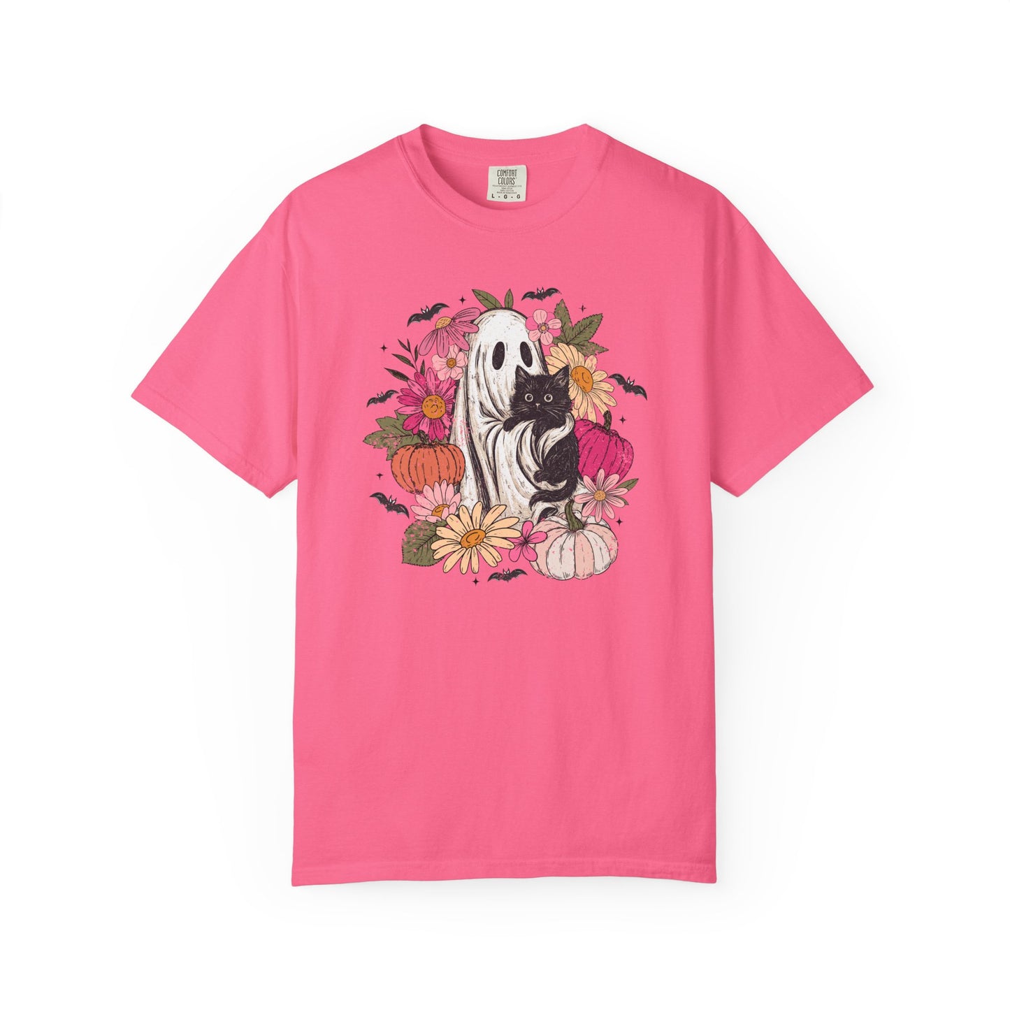 Floral Ghost Hugging Black Cat Comfort Colors Tee
