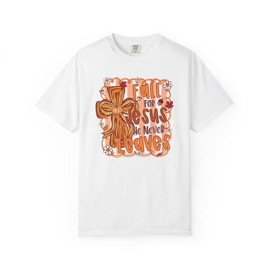 Fall for Jesus He Never Leaves Fall Inspired Comfort Colors Tee
