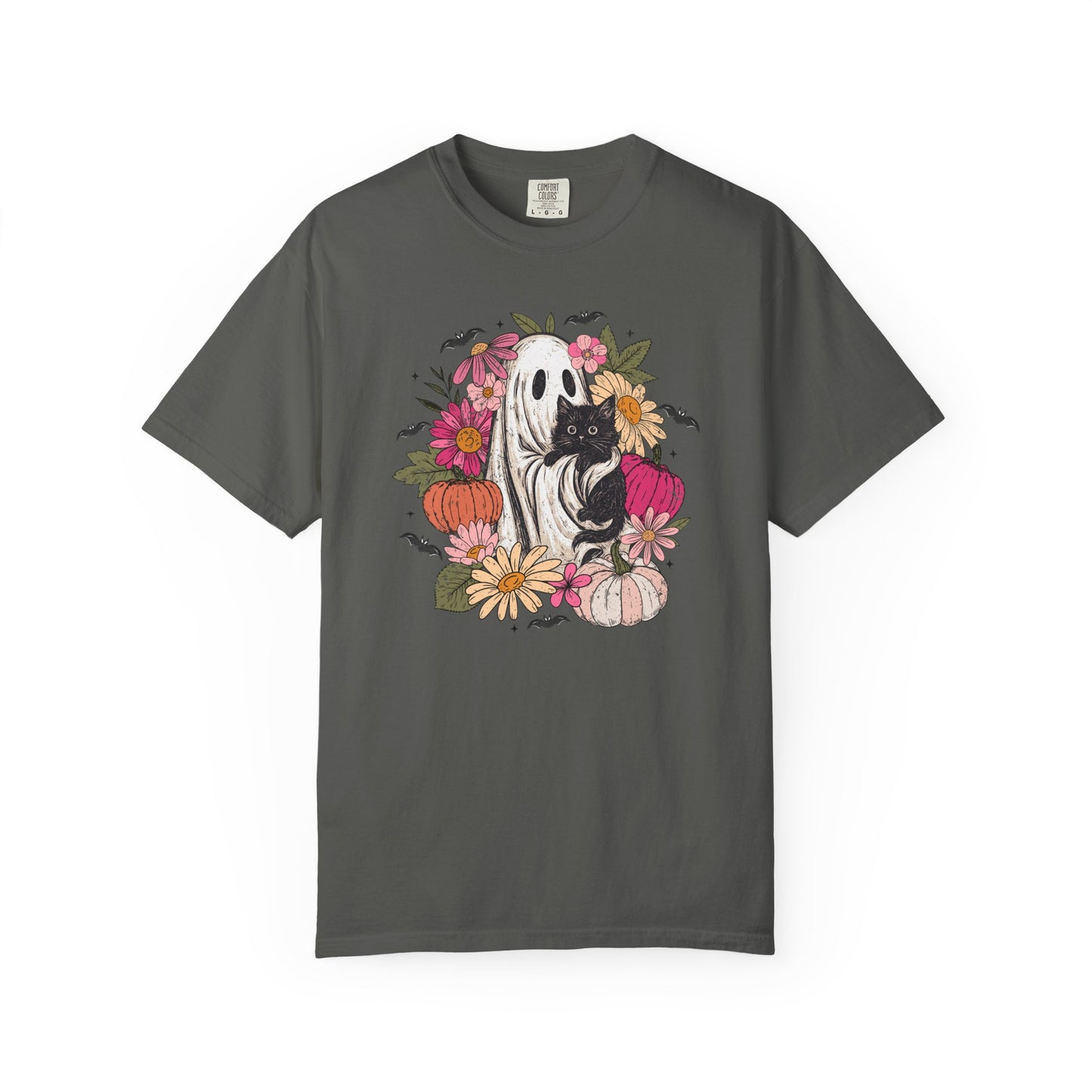 Floral Ghost Hugging Black Cat Comfort Colors Tee