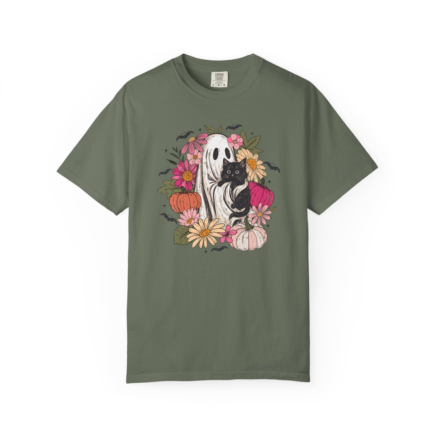 Floral Ghost Hugging Black Cat Comfort Colors Tee