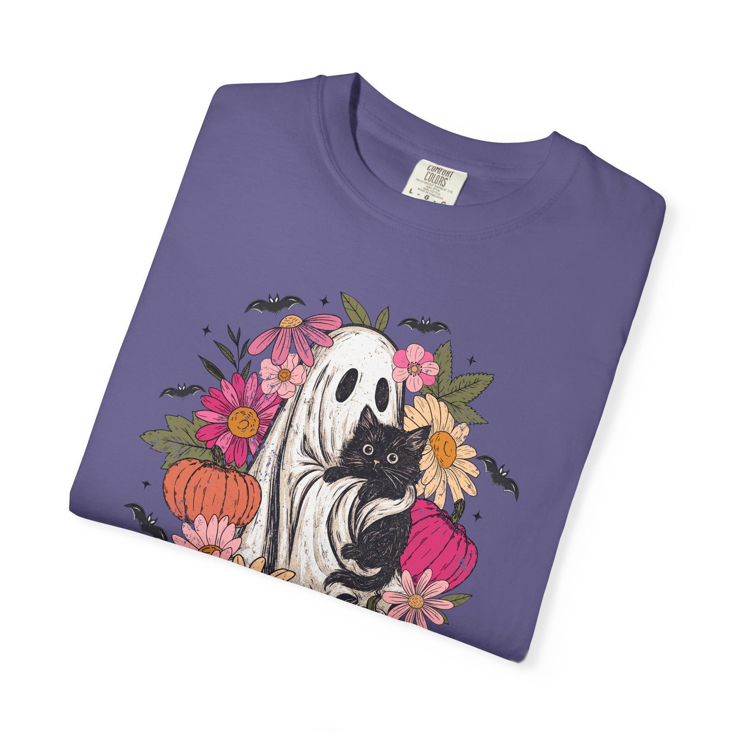 Floral Ghost Hugging Black Cat Comfort Colors Tee