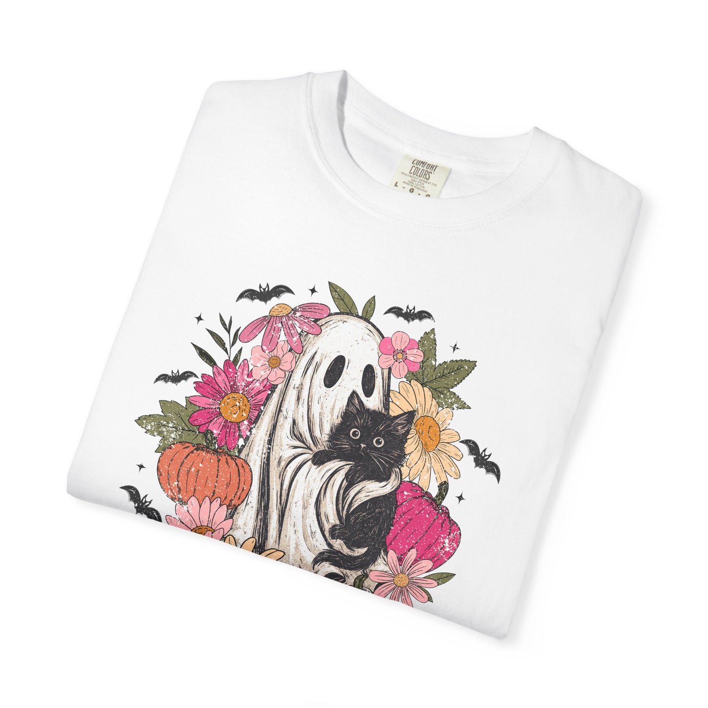 Floral Ghost Hugging Black Cat Comfort Colors Tee