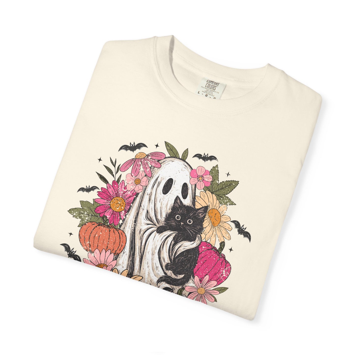 Floral Ghost Hugging Black Cat Comfort Colors Tee