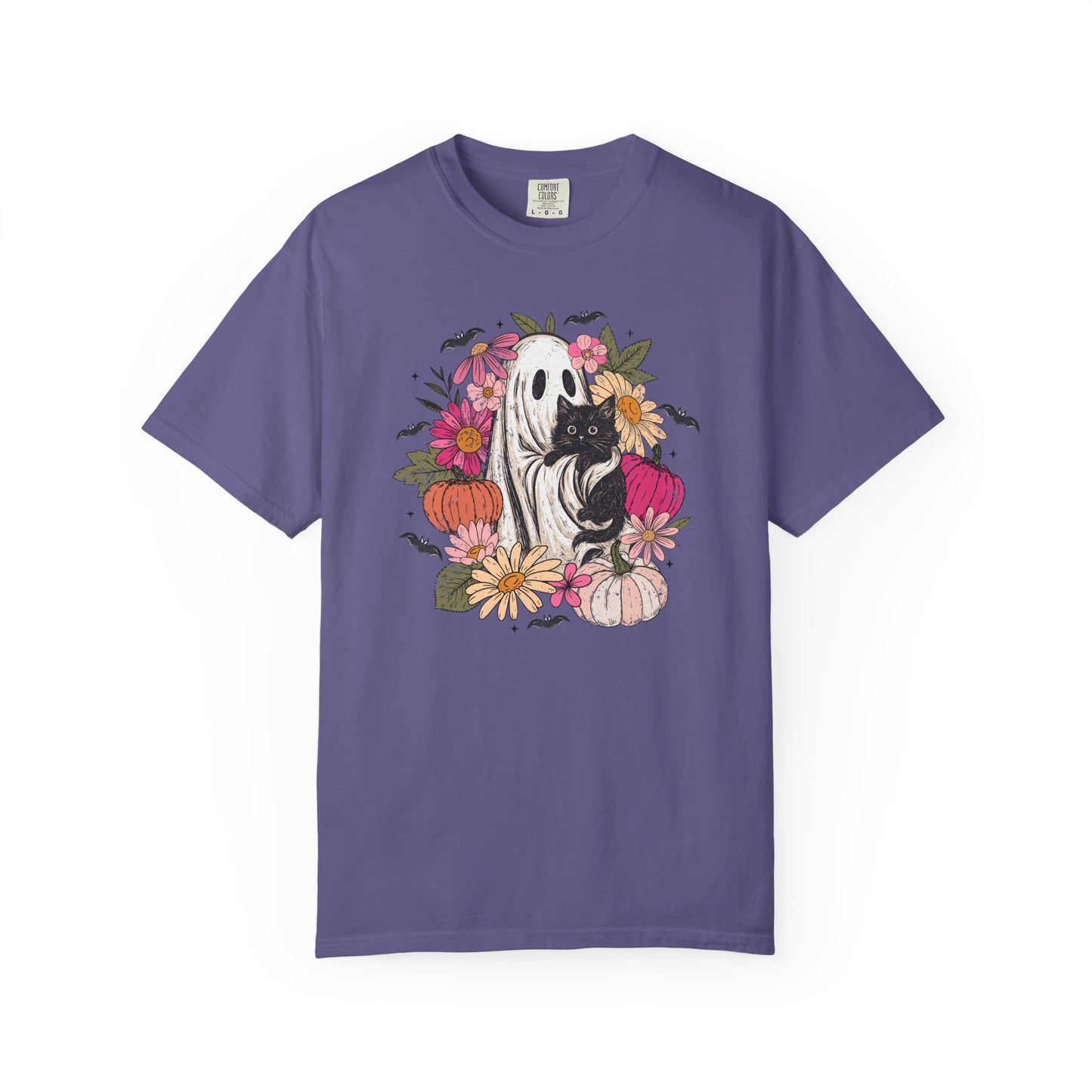 Floral Ghost Hugging Black Cat Comfort Colors Tee