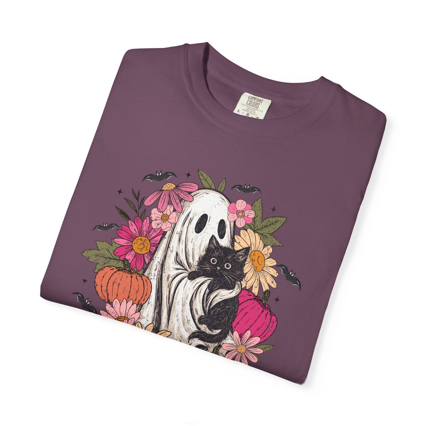 Floral Ghost Hugging Black Cat Comfort Colors Tee