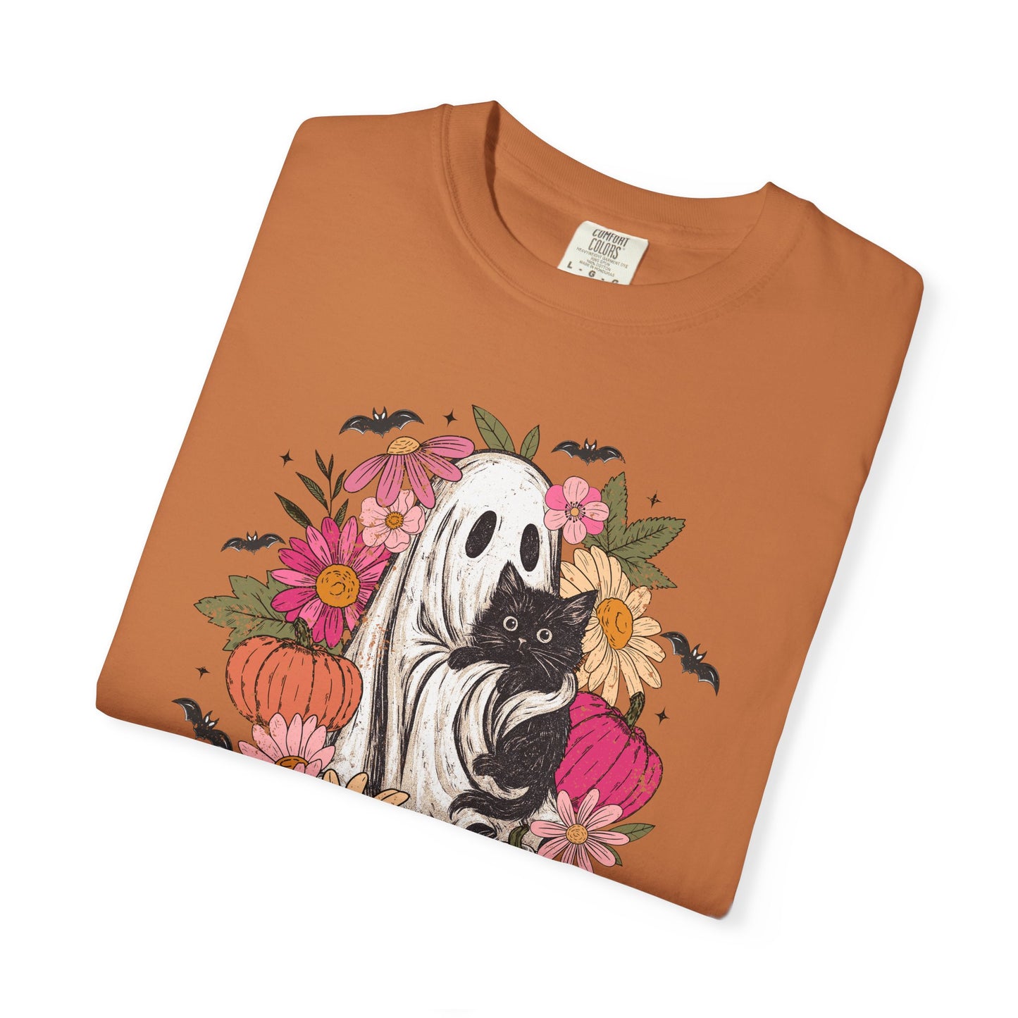 Floral Ghost Hugging Black Cat Comfort Colors Tee