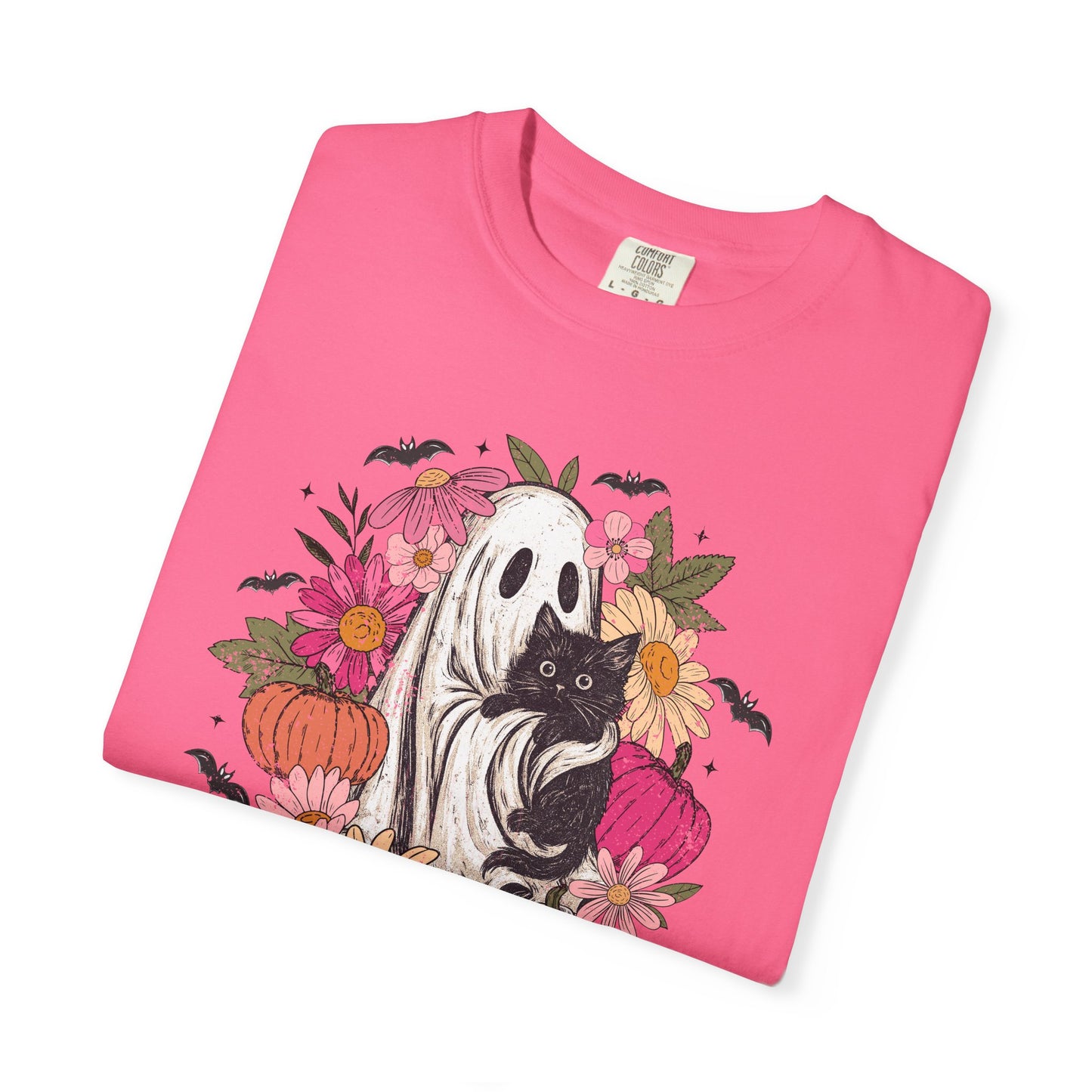 Floral Ghost Hugging Black Cat Comfort Colors Tee