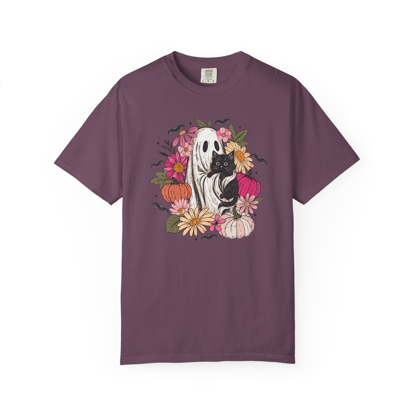Floral Ghost Hugging Black Cat Comfort Colors Tee