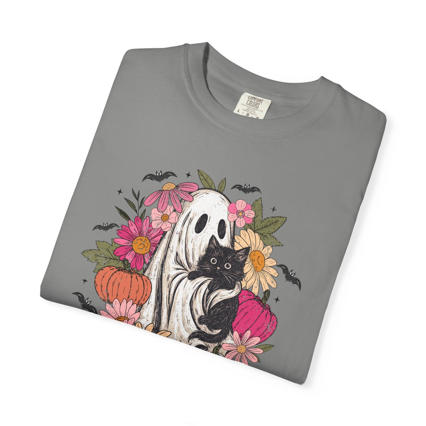 Floral Ghost Hugging Black Cat Comfort Colors Tee