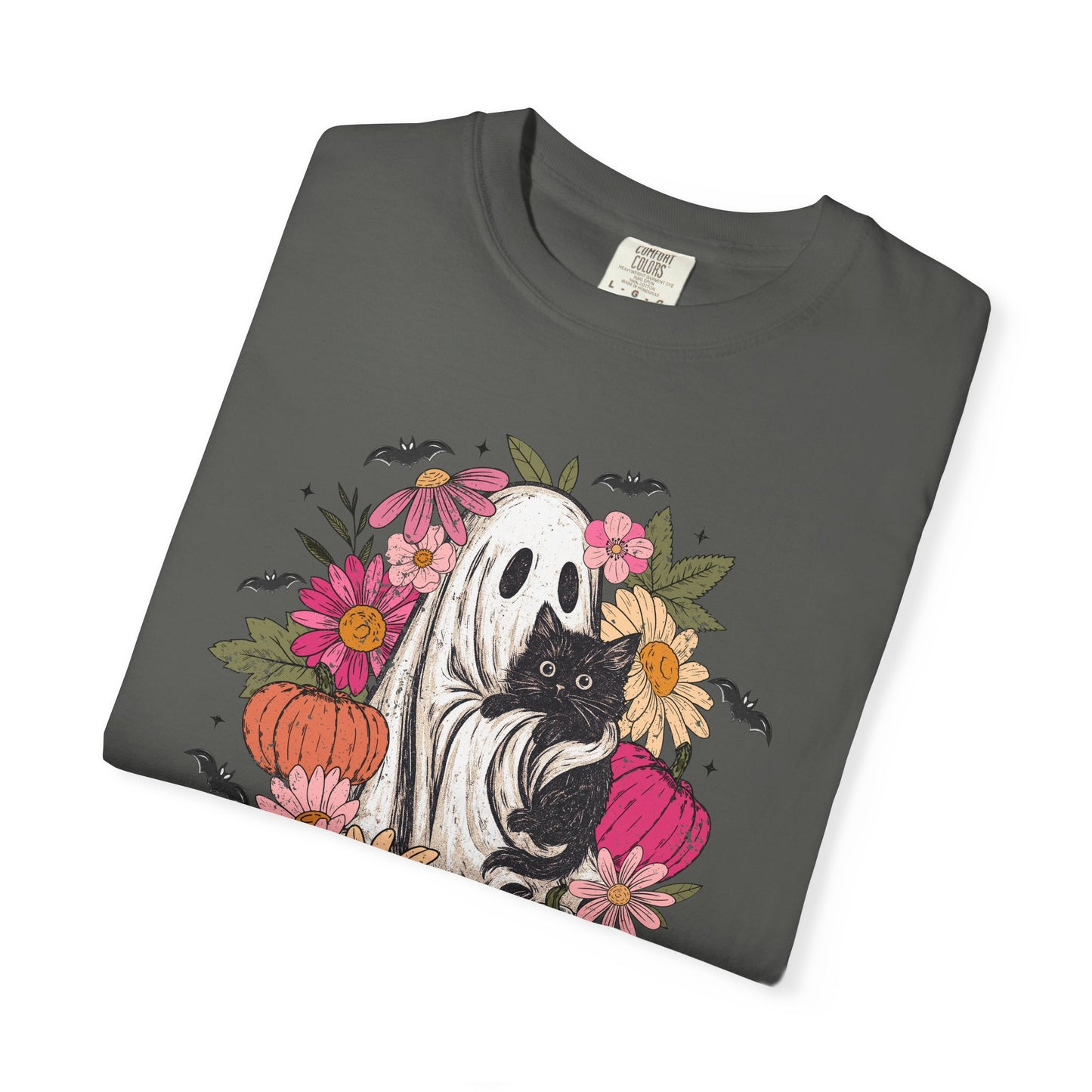 Floral Ghost Hugging Black Cat Comfort Colors Tee