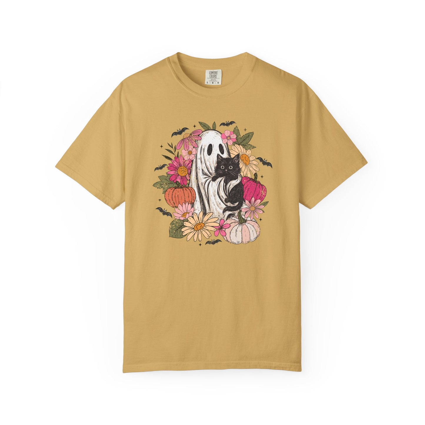 Floral Ghost Hugging Black Cat Comfort Colors Tee