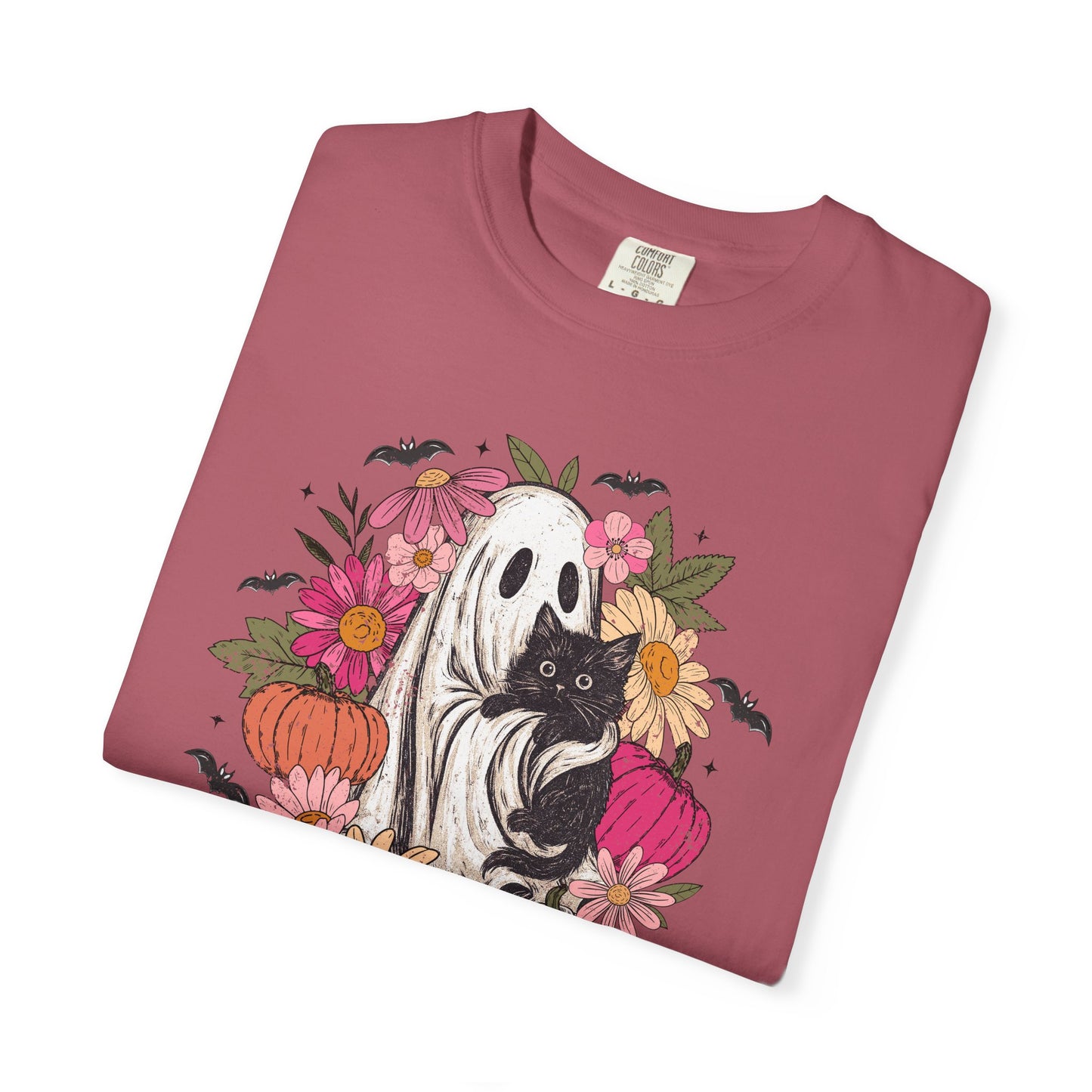 Floral Ghost Hugging Black Cat Comfort Colors Tee