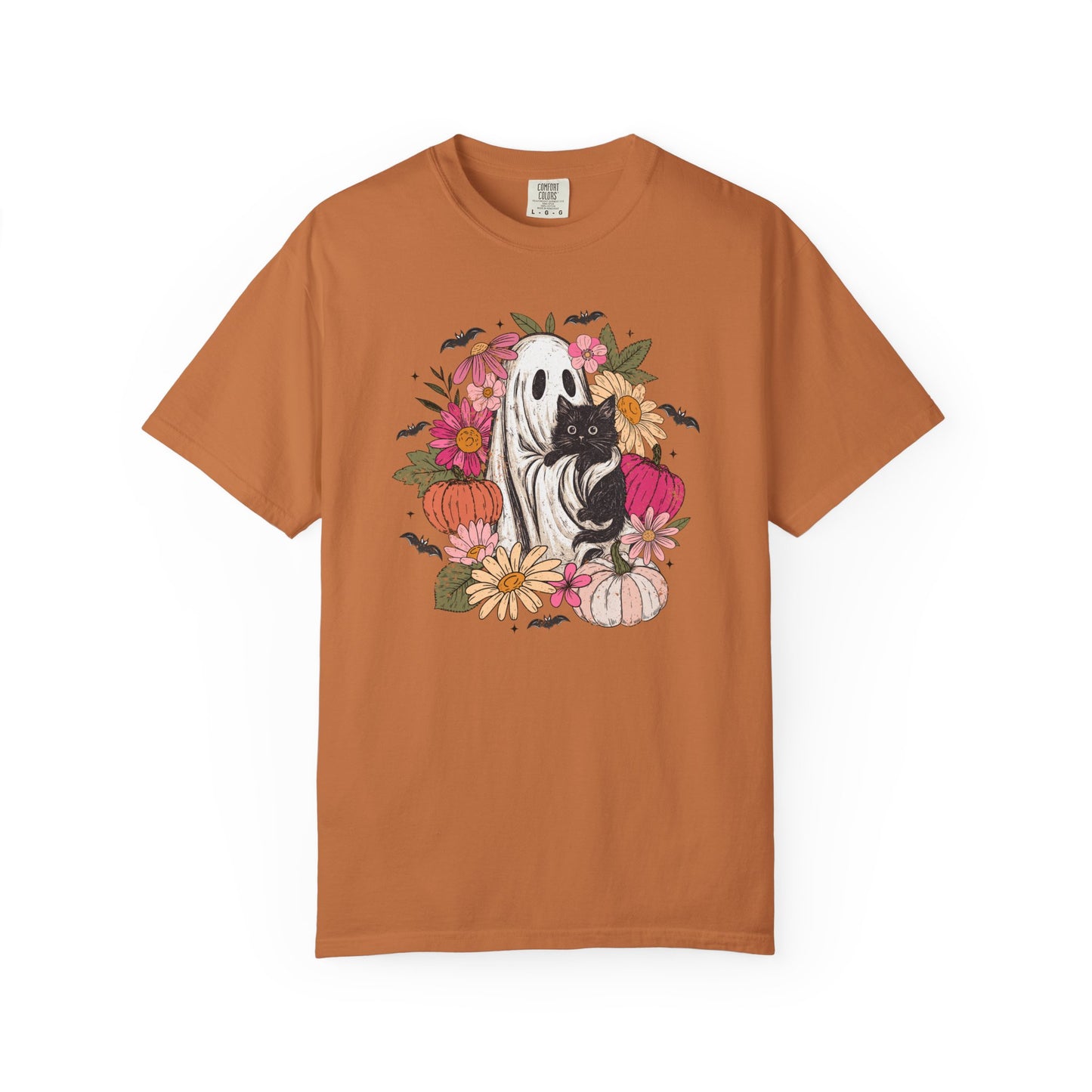 Floral Ghost Hugging Black Cat Comfort Colors Tee