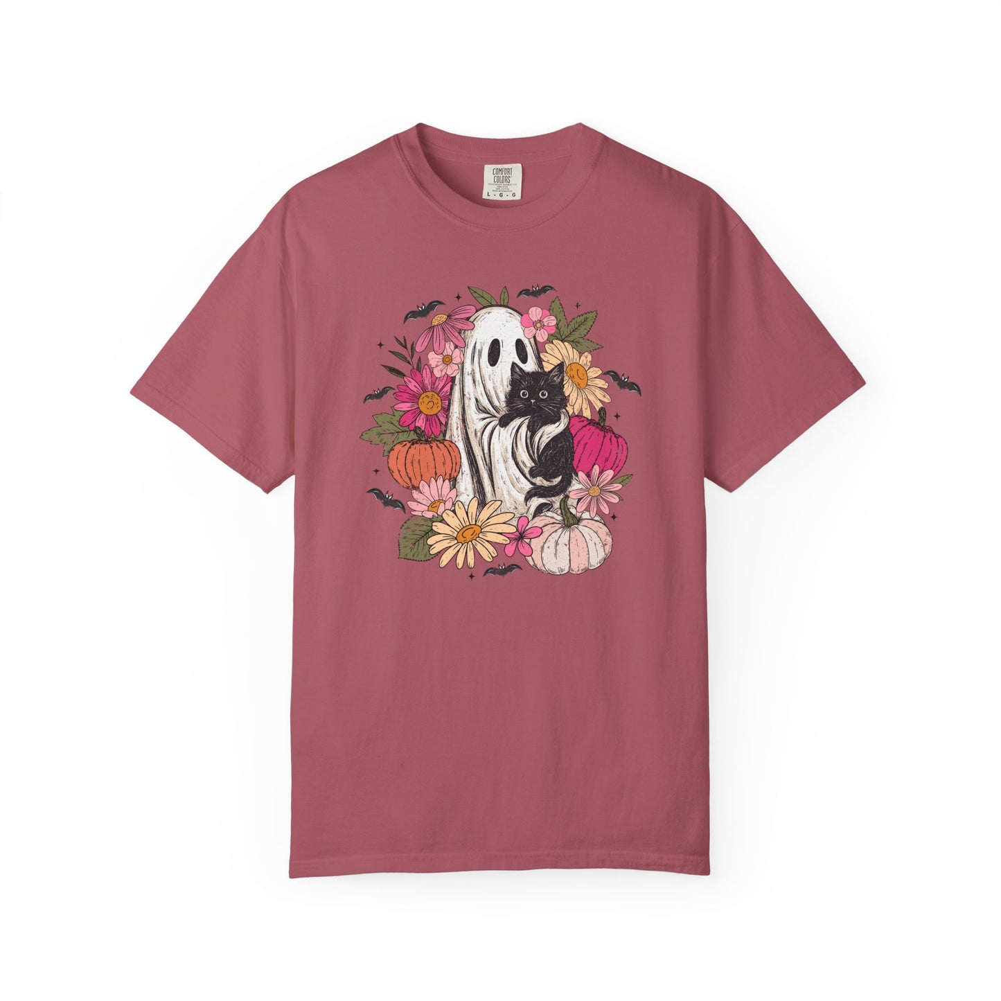Floral Ghost Hugging Black Cat Comfort Colors Tee
