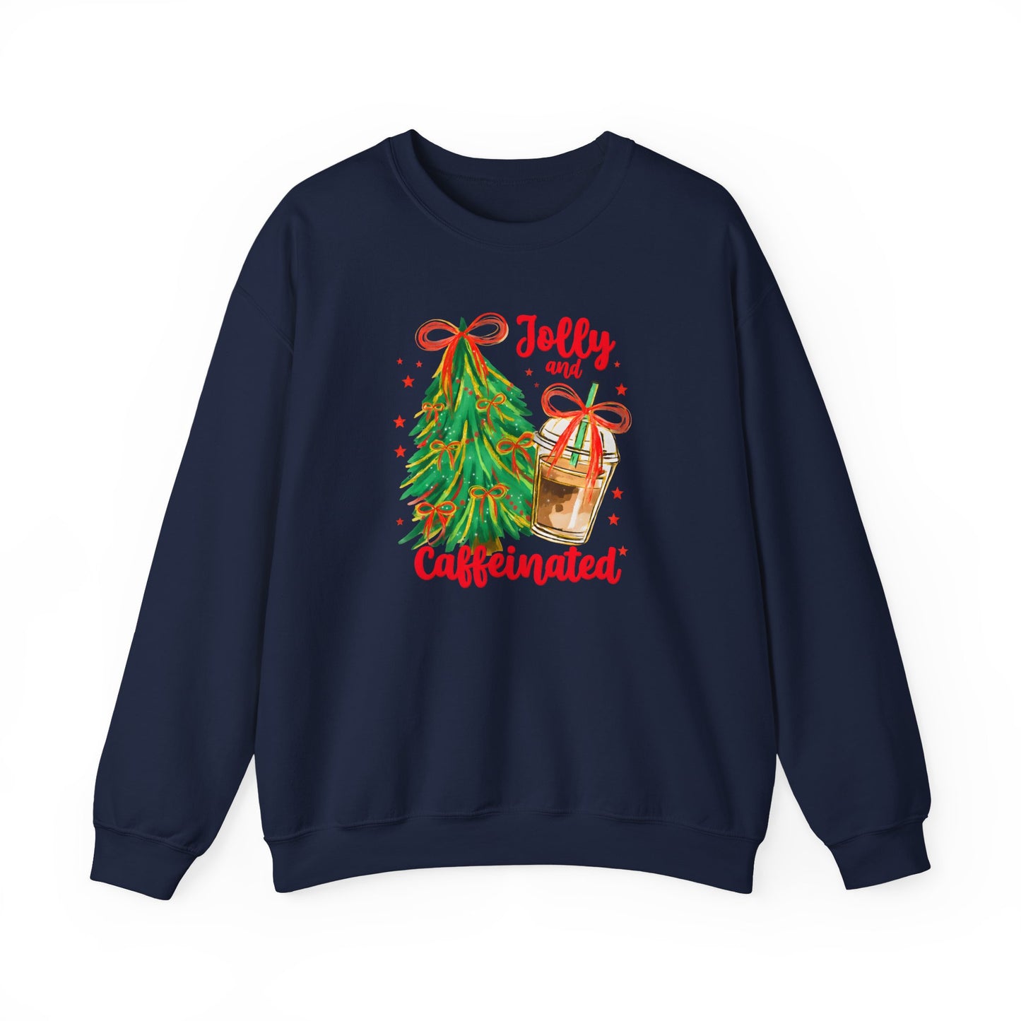 "Jolly and Caffeinated" Holiday Tree & Coffee Gildan Crewneck