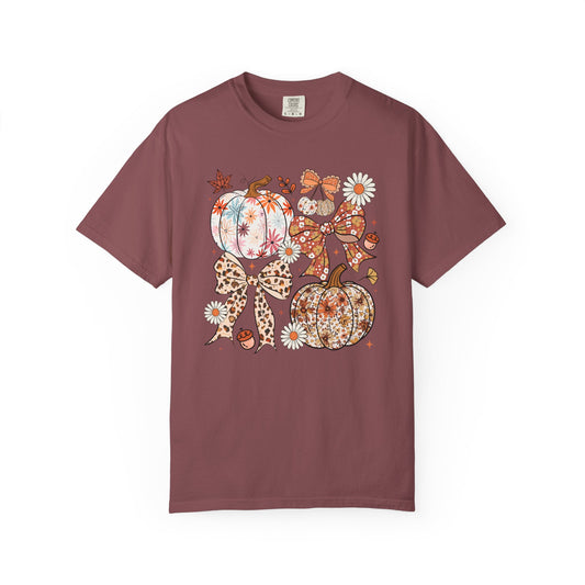 Floral Fall Bows and Pumpkins Comfort Colors Tee