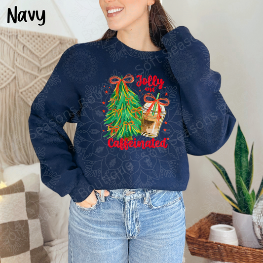 "Jolly and Caffeinated" Holiday Tree & Coffee Gildan Crewneck