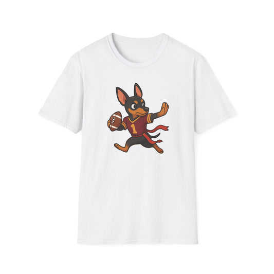 Football Dog T-Shirt — Cute Running Doberman with Ball, Sports Fan Tee
